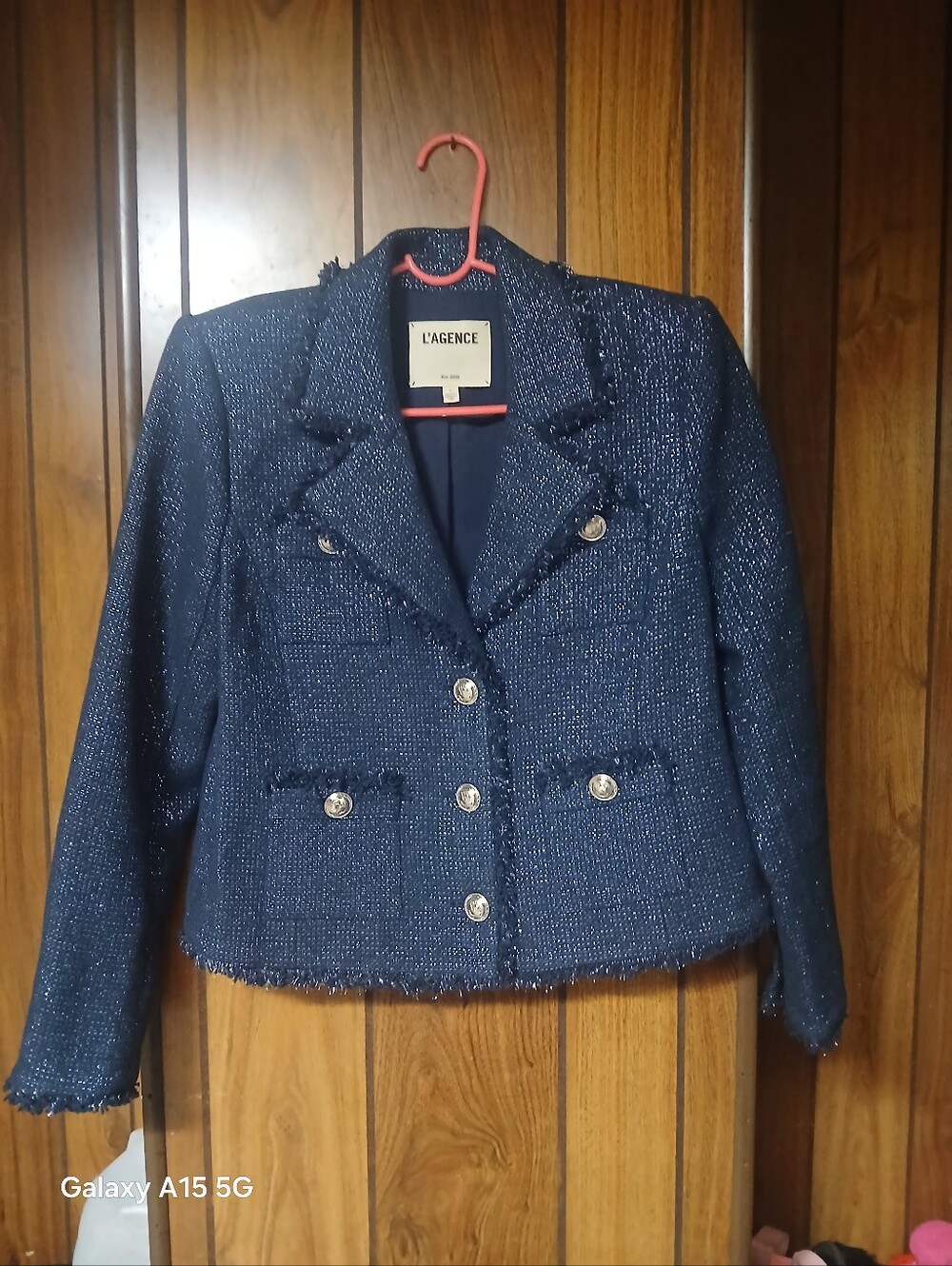 L'AGENCE Navy Tweed Fringed Cropped Blazer